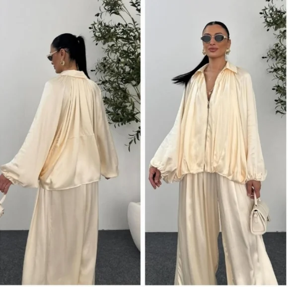 ZARA NWT Satin Bomber Jacket Puffed ZW Collection Cream Size M - Picture 6 of 16